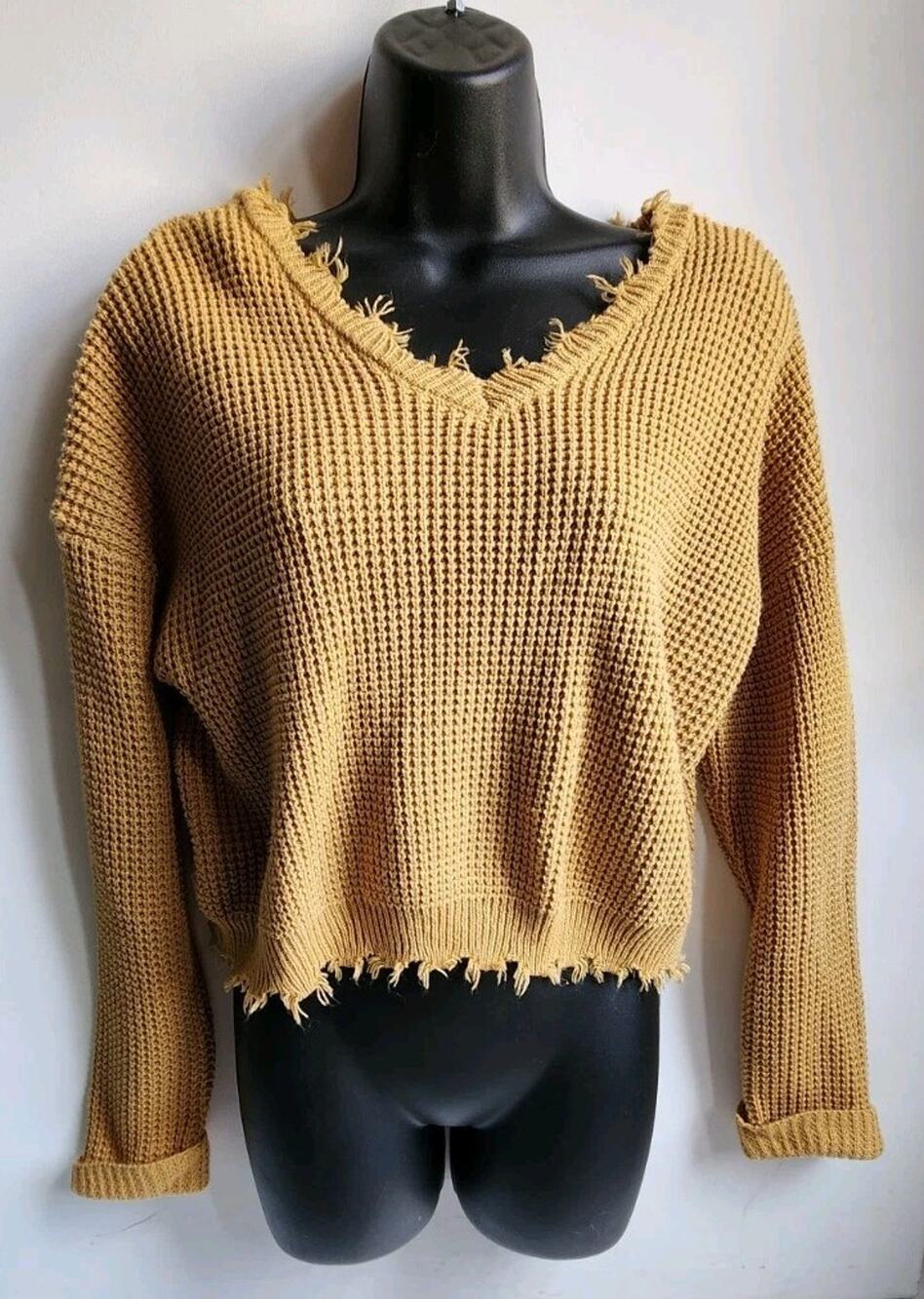 Moon & Madison Women’s L Sweater Mustard Crop Waffle Knit Fray Raw Edge Boho
